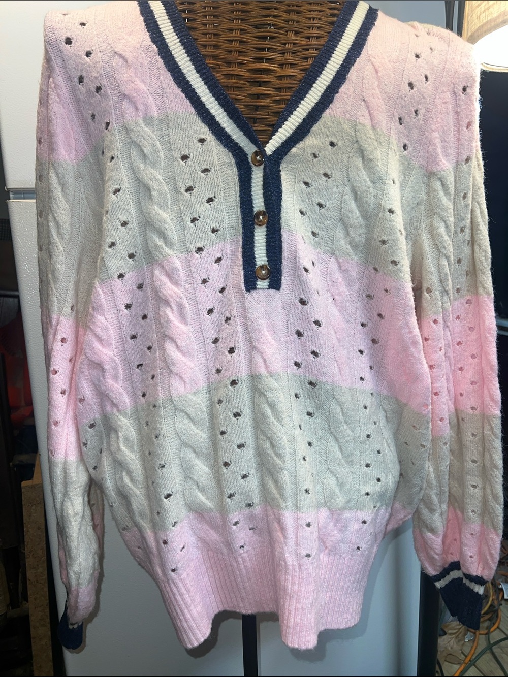 Torrid Cozy Striped V‑Neck Knit Sweater - Pink & Cream